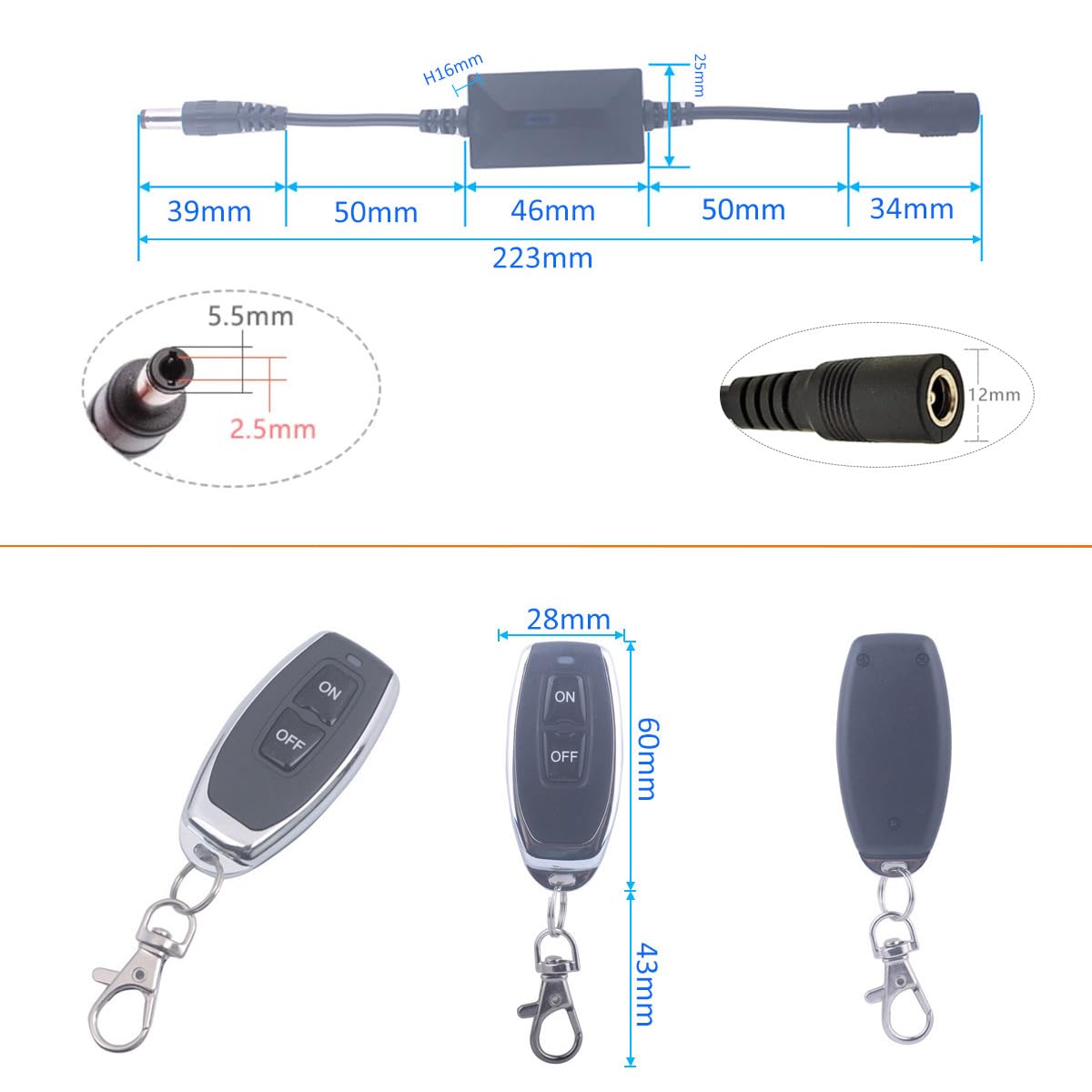 DC 3.6V-24V 5V Wireless Remote Control Switch 5.5mm x 2.5mm Plug Male Female 2 Transmitter 1 Receiver 12V Remote Switch for LED Light, Strip Fan Camera (DC 5.5*2.1mm 3.6V-24V/ 2* Controller)