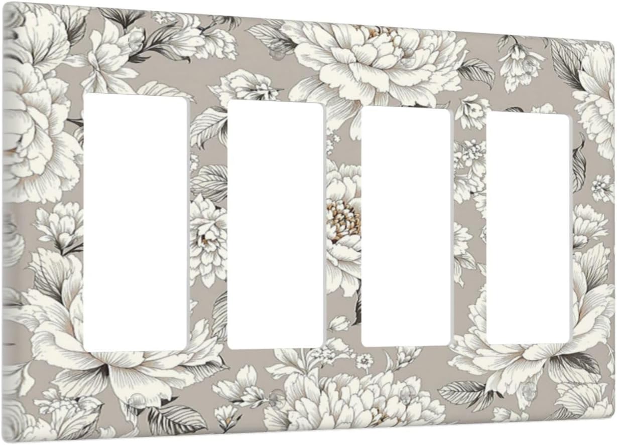 White Poppies Floral Modern Grey Peonies Flowers Wallplates 4 Gang Quad Rocker Decorative Light Switch Covers Electrical GFCI Faceplate Switch Plate for Bedroom Bathroom Decor