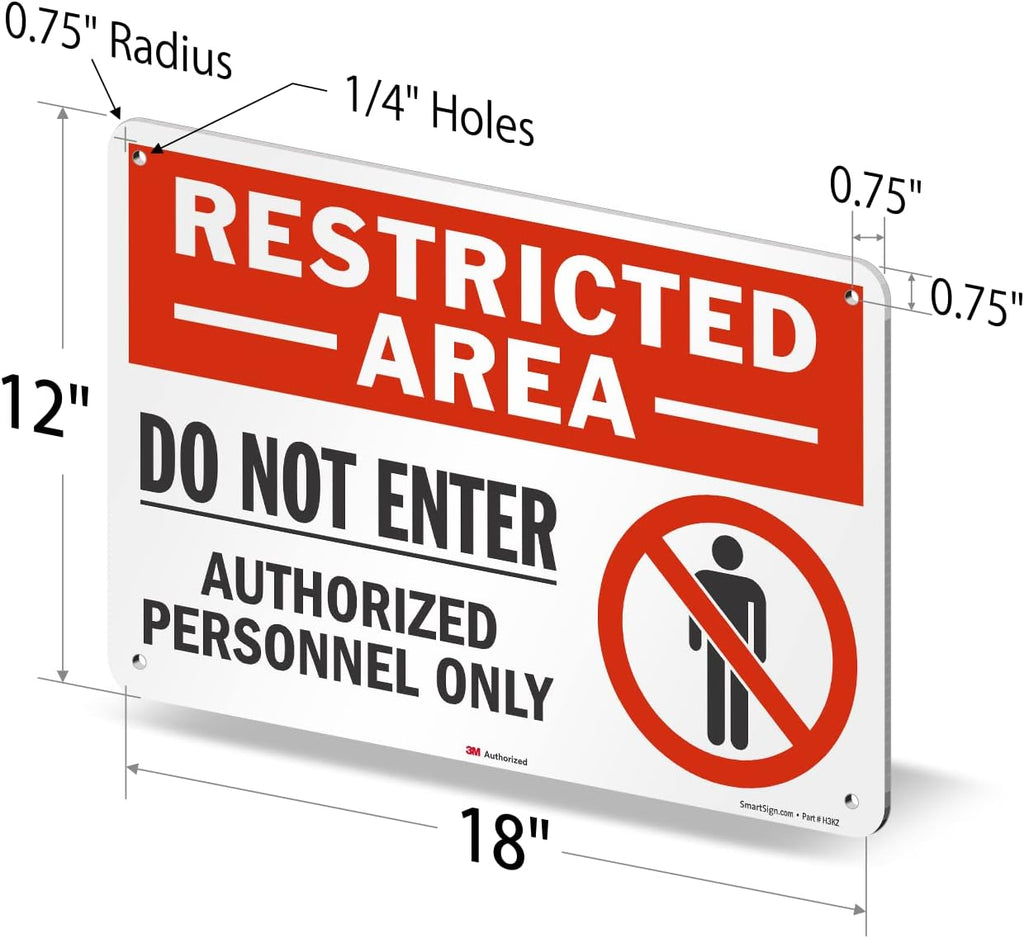 SmartSign 12" x 18" 'Restricted Area Do Not Enter, Authorized Personnel Only' Metal Sign with Symbol, 63 mil Aluminum, 3M Laminated Engineer Grade Reflective, Red, White and Black, USA-Made