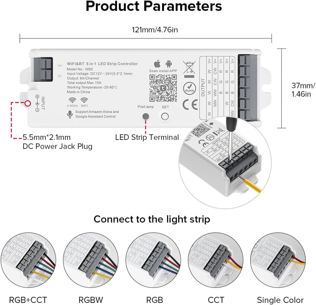 5in1 WB5 2.4GHz WiFi PWM LED Controller Compatible with Alexa Google Home Smart Life Tuya APP for Dimming CCT RGB RGBW RGBCCT LED Strip Light Controller Works with WR01RF WR02RF, DC12V-24V