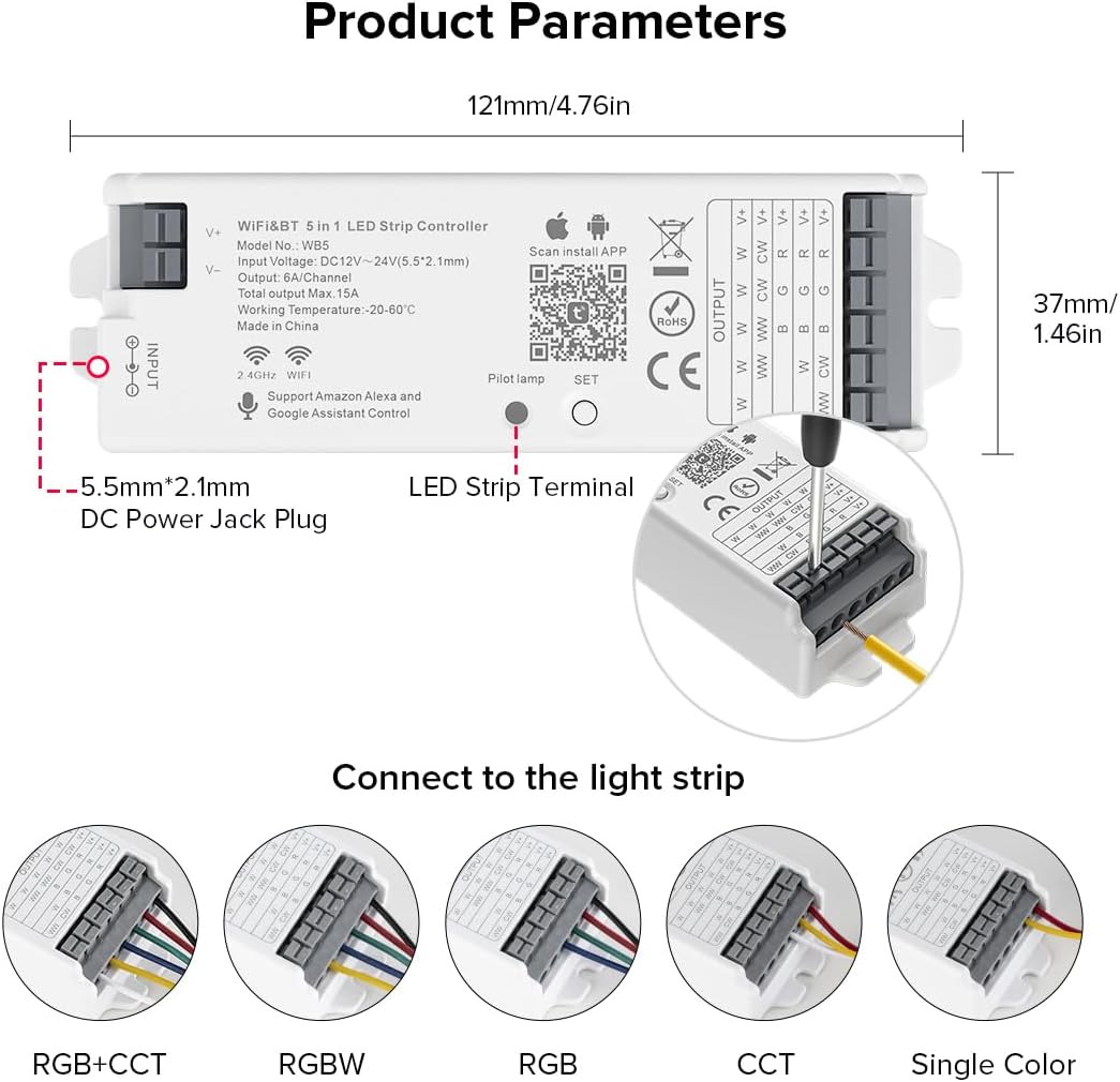 5in1 WB5 2.4GHz WiFi PWM LED Controller Compatible with Alexa Google Home Smart Life Tuya APP for Dimming CCT RGB RGBW RGBCCT LED Strip Light Controller Works with WR01RF WR02RF, DC12V-24V