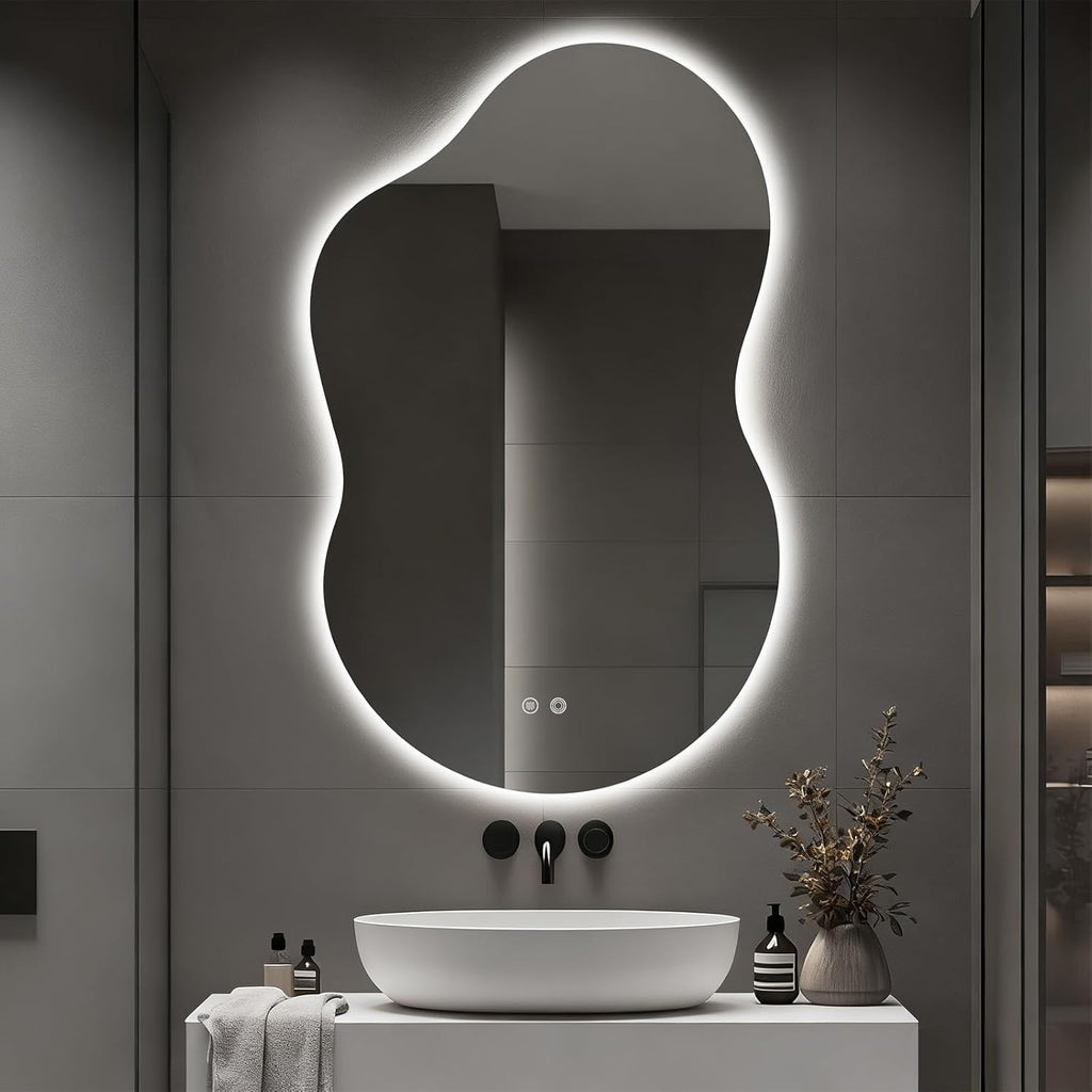 Asymmetrical Lighted Mirror for Bathroom,Modern LED Vanity Mirror with Backlit,Fog-Free,Tri-Color Dimmable Lighting with Memory Function,Hardwire Ready [Horizontal/Vertical] 48" H x 30" W