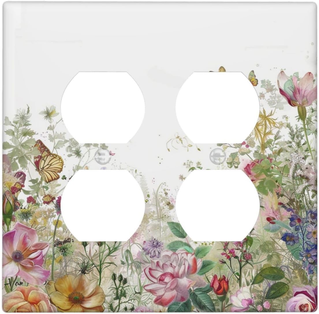 Outlet Covers Boho Wildflower Colorful Floral Butterfly 2 Gang Double Duplex Decorative Light Switch Covers Electrical Wallplates Socket Faceplate For Bed Room Living Room Decor