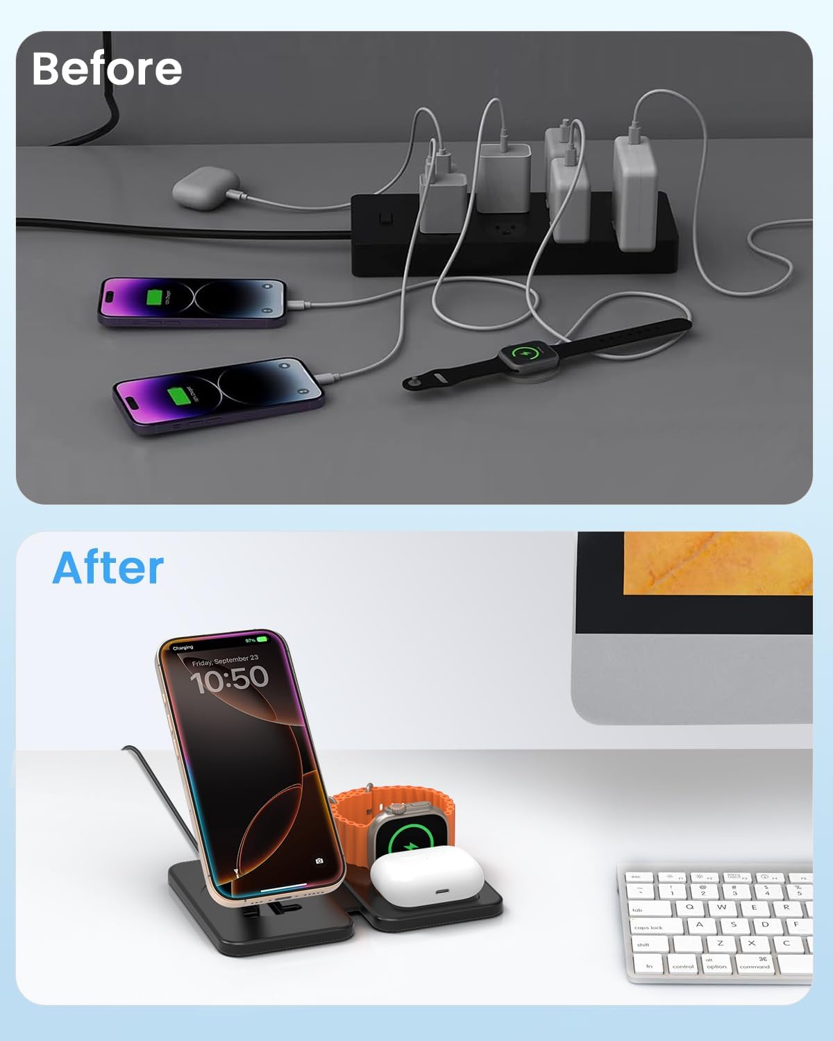 Charging Station Magnetic for iPhone Mag-Safe: JoyGeek 3 in 1 Foldable Wireless Charger for iPhone 16-12 Pro Max Plus, Travel Charger for AirPods, A-pple Watch 10-2 Series