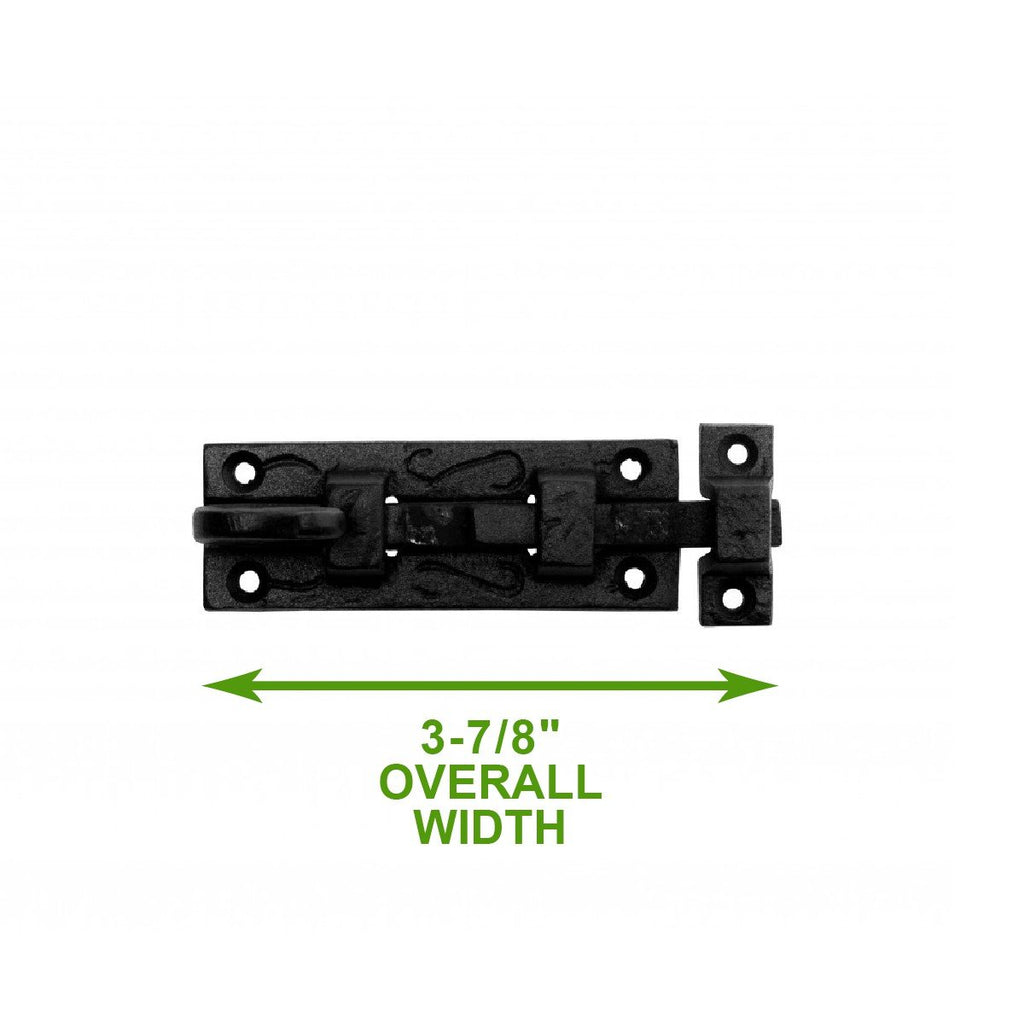 Renovators Supply Manufacturing Door Lock Latch 3.8 in. Black Wrought Iron Pig Tail Tip Styled Slide Bolt Latch with Mounting Hardware