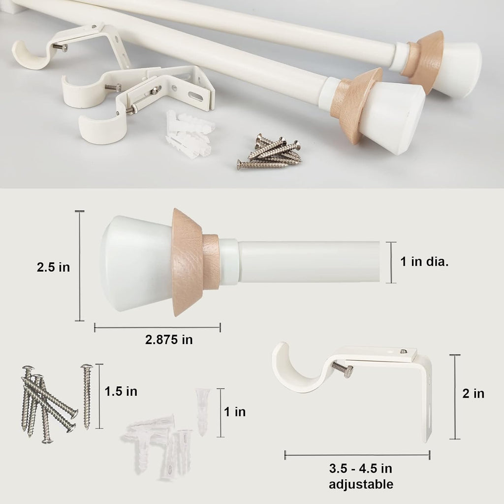 White Single Curtain Rod Set with Decorative Finials, 72-144 inch, Single Drapery Rod, 1 inch diameter, Adjustable Length,1 pack