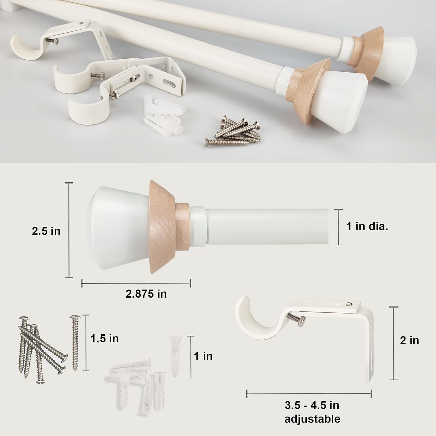 White Single Curtain Rod Set with Decorative Finials, 72-144 inch, Single Drapery Rod, 1 inch diameter, Adjustable Length,1 pack