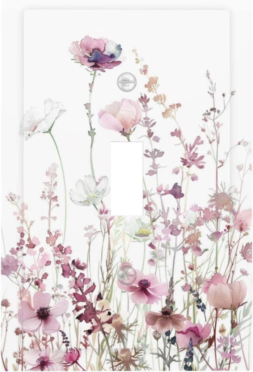 Floral Pink Watercolor Wildflowers Plant Flower Decorative Light Switch Cover 1 Gang Single Toggle Device Electrical Faceplate Switchplates Decorator Outlet Wall Plate for Bedroom Living Room Decor