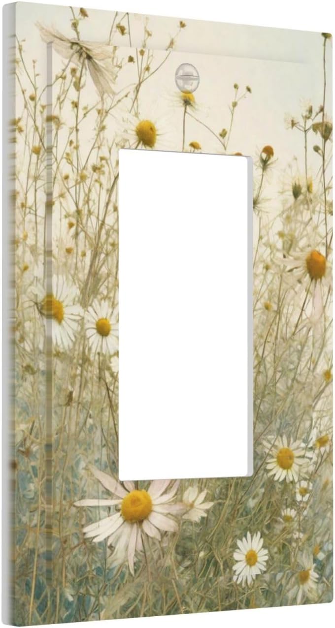 White Wildflowers Daisy Vintage Floral Decorative Outlet Covers 1 Gang Single Rocker Light Switch Cover Plate Wall Plates GFCI Faceplate for Bed Room Living Room Decor
