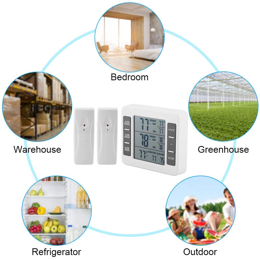 Fridge Thermometer, Digital Refrigerator Freezer Thermometer Monitor with 2 Sensors with Audible Alarm, for Indoor and Outdoor Use, Easy to Read LCD Display