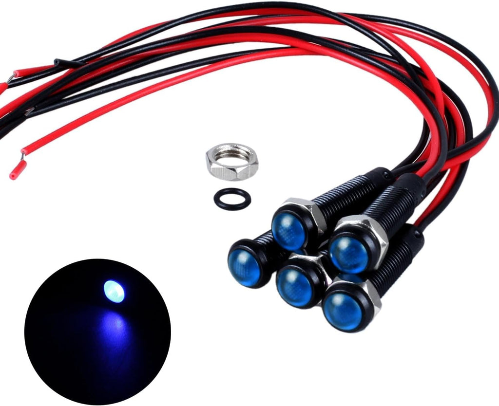 5pcs 6mm LED Indicator Light Plastic Black Signal Dot Lamp 110-220V AC 1/4" Mounting Hole Size with 15cm/5.9in. Wire (Blue LED)