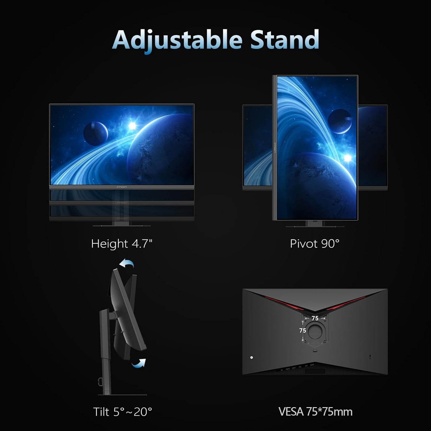 INNOCN 27" Gaming Monitor 2K QHD 2560 x 1440P 240Hz 320Hz 1ms IPS PC Computer Display, HDMI 2.1, DP 1.4, HDR 400, Eyes Care, Height/Pivot Adjustable, VESA Mountable, 27G2T