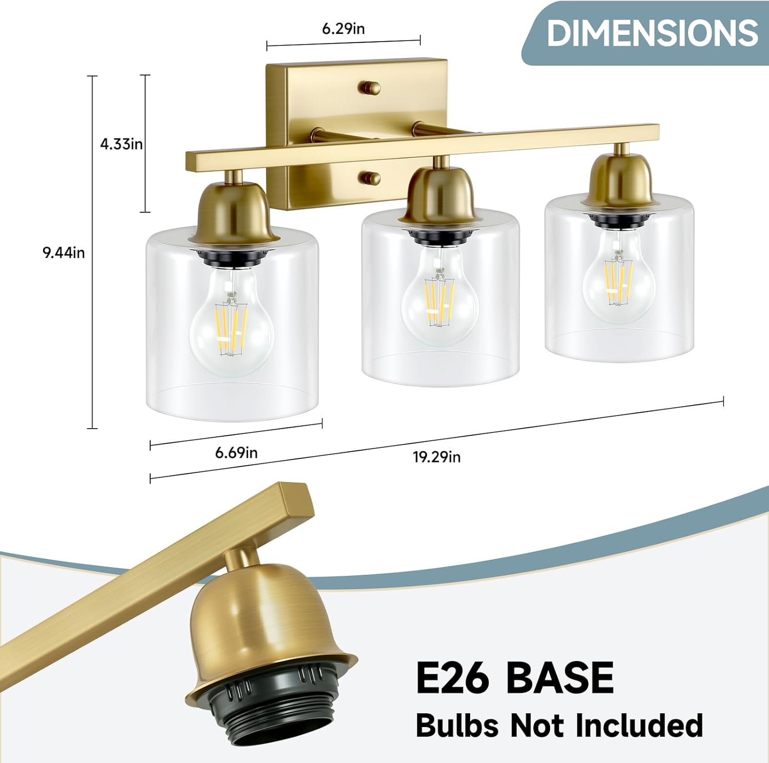 Modern Brushed Gold 3 Light Bathroom Light Fixtures, 19 inch Vanity Lights for Bathroom with Clear Glass, Bathroom Lighting Fixtures Over Mirror for Mirror Kitchen Living Room