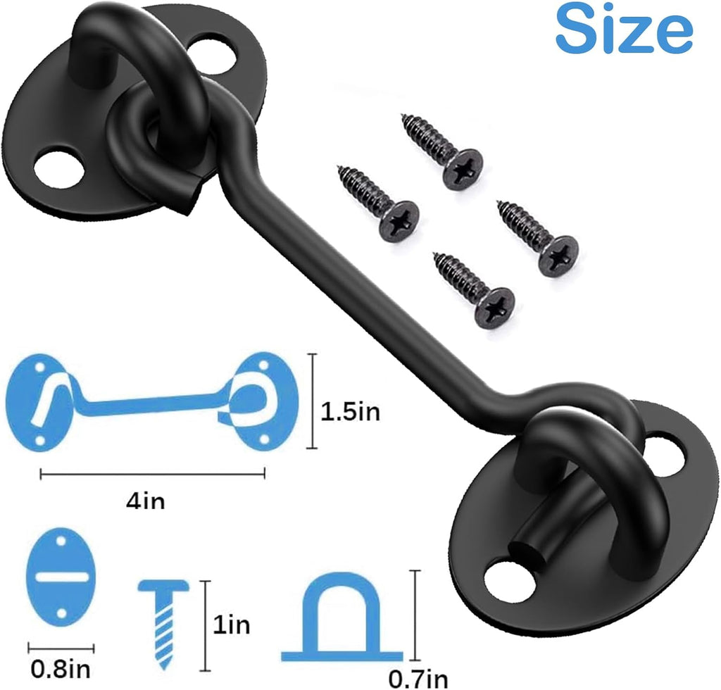 2 Pack Barn Door Latch Lock 4" Black Hook and Eye Latch with Screws, Rust-Resistant Metal Gate Latch for Window, Cabin Hooks, Sliding Door, Bathroom, Bedroom