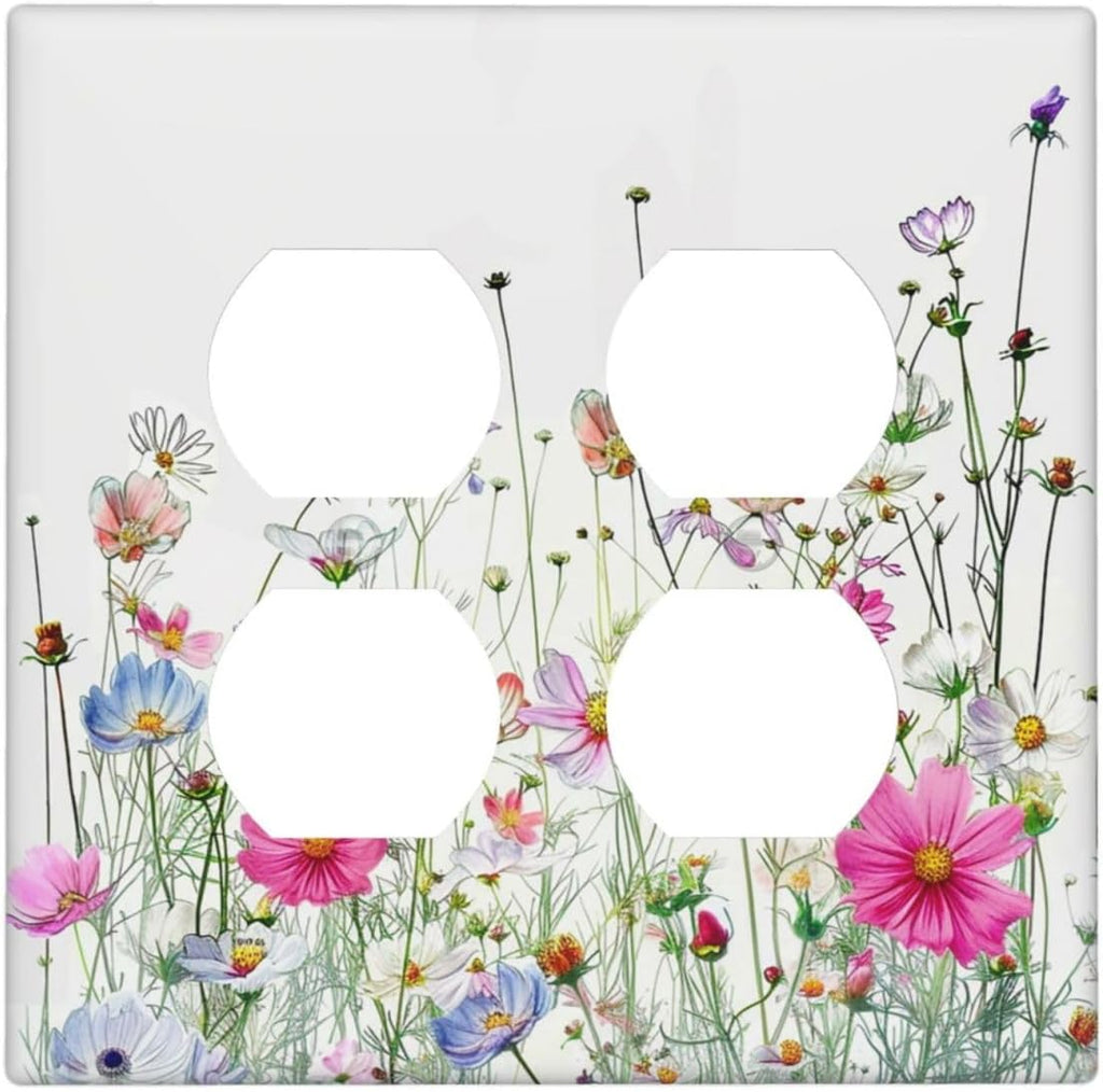 Outlet Covers Boho Colorful Flowering Plant Wild Flower 2 Gang Double Duplex Decorative Light Switch Covers Electrical Wallplates Socket Faceplate For Bed Room Living Room Decor