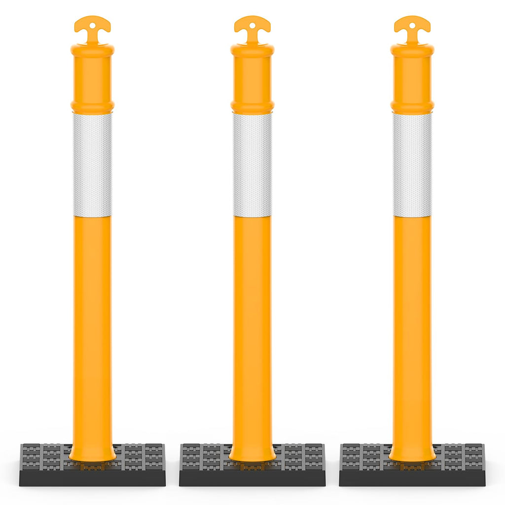 RoadHero 45 Inch Delineator Post with Rubber Base, Heavy Duty Yellow Traffic Delineator Posts Cones with Reflective Collars for Parking Lots, Road Safety, Construction Events 3 Pack