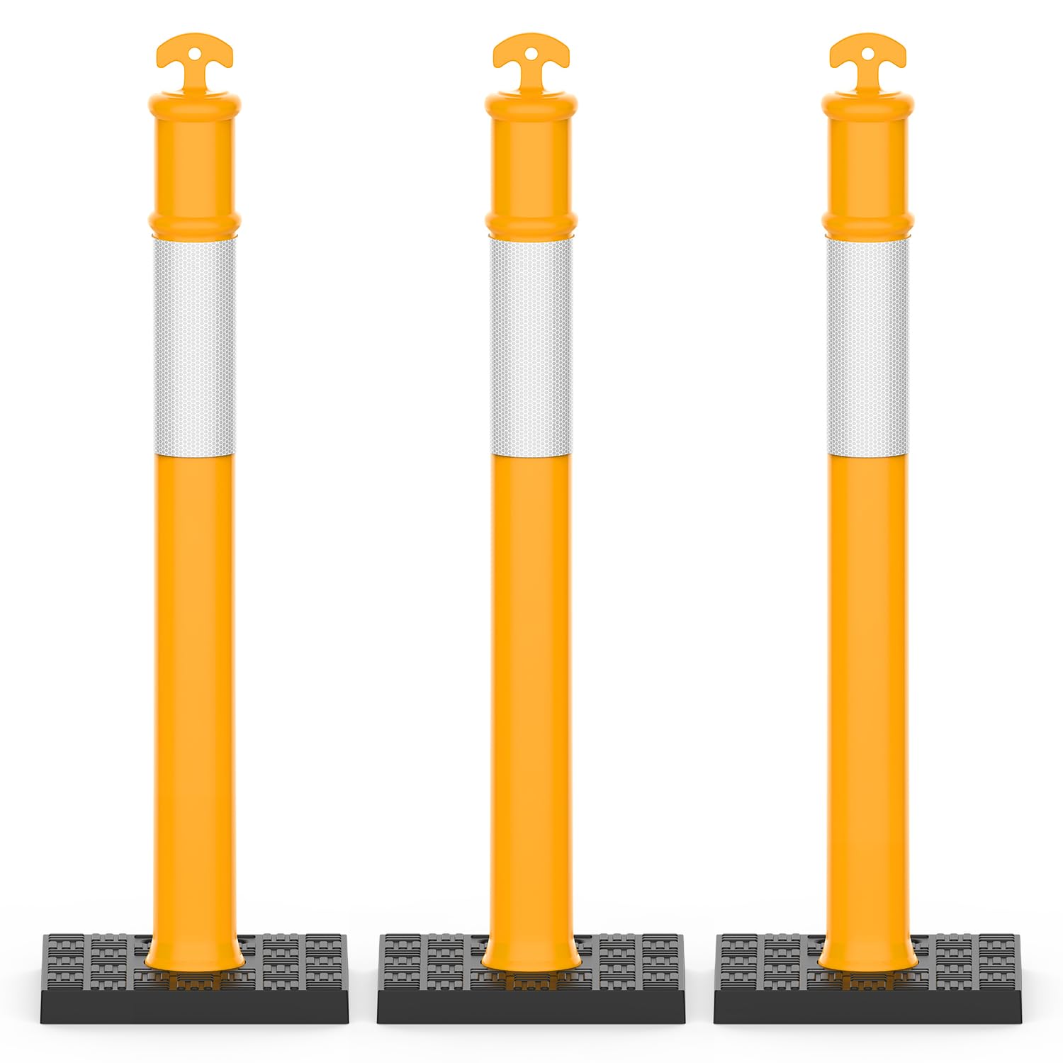 RoadHero 45 Inch Delineator Post with Rubber Base, Heavy Duty Yellow Traffic Delineator Posts Cones with Reflective Collars for Parking Lots, Road Safety, Construction Events 3 Pack