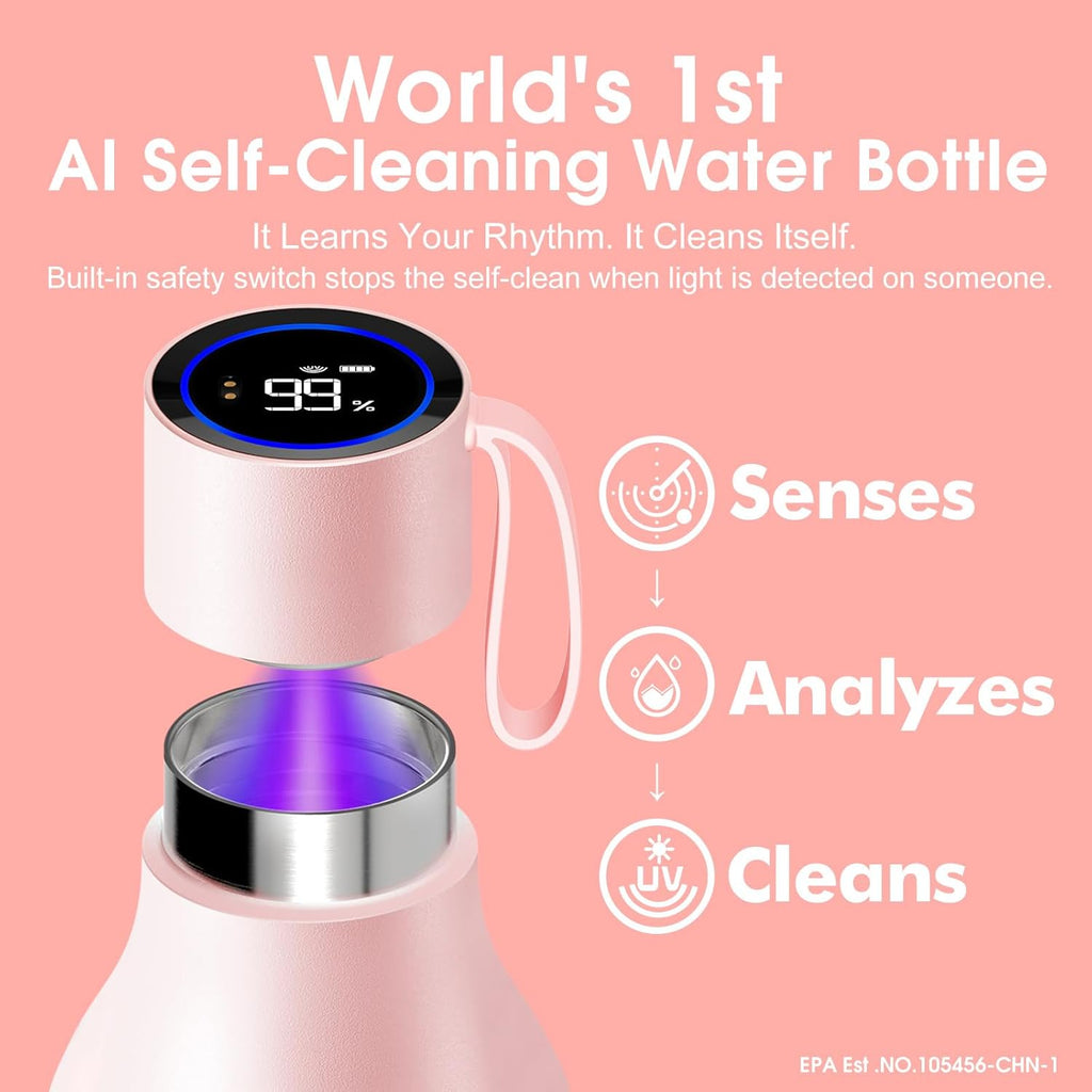 VSITOO 33oz Smart Self Cleaning Water Bottle，Insulated Water Bottle with Stainless Steel, BPA-Free, AI Self-Clean, 30-Day Battery, Magnetic Charging for Travel, Gym or Office, Pink