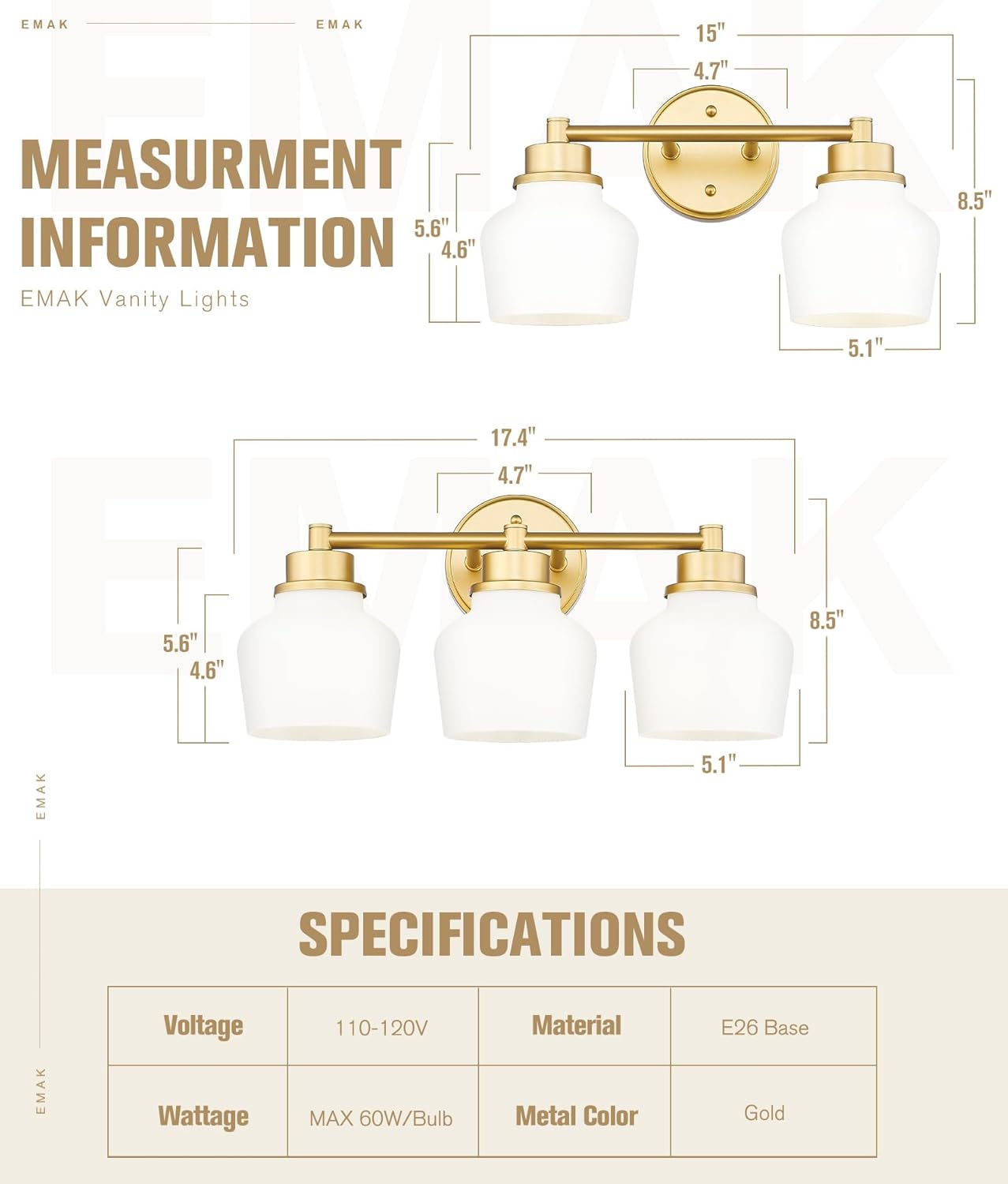 Emak Modern Gold Bathroom Light Fixtures, 2-Light Vanity Lights with Milk Glass Shade for Bathroom, Mirror, VL122-GD-ML-2