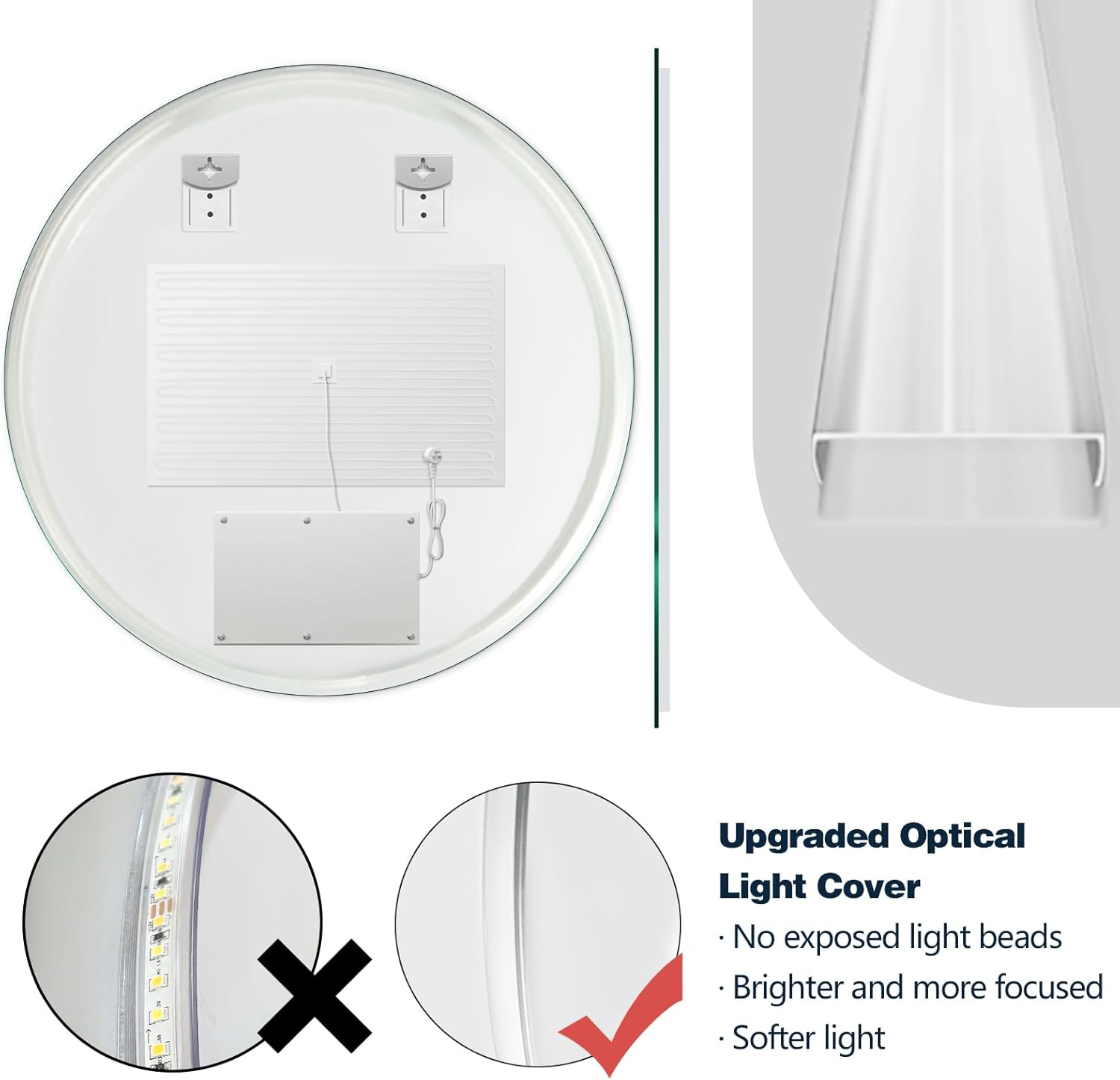 Niccy Round Led Mirror for Bathroom, 28" Circle Frameless Backlit Mirror wiht Light, Anti-Fog, 3 Colors, Waterproof, Memory Function
