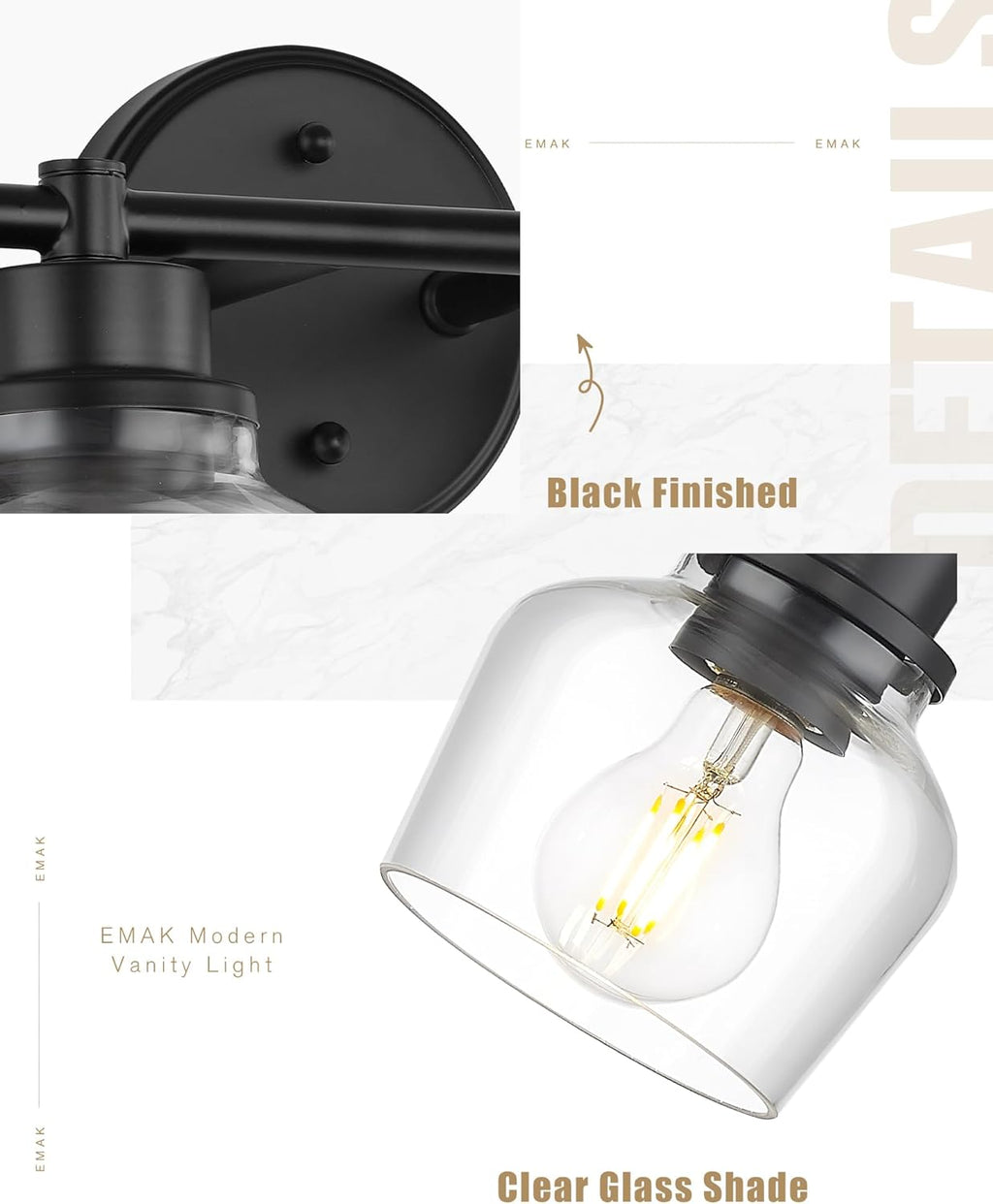 Emak 4-Light Bathroom Vanity Light, 29 Inch Black Bathroom Light Fixtures Over Mirror with Clear Glass Shade, Modern Farmhouse Vanity Lights for Mirror, Bath, VL122-BK-CG-4