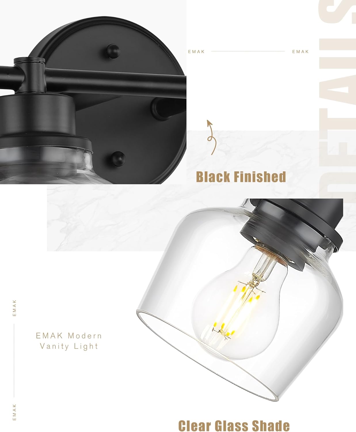 Emak 4-Light Bathroom Vanity Light, 29 Inch Black Bathroom Light Fixtures Over Mirror with Clear Glass Shade, Modern Farmhouse Vanity Lights for Mirror, Bath, VL122-BK-CG-4