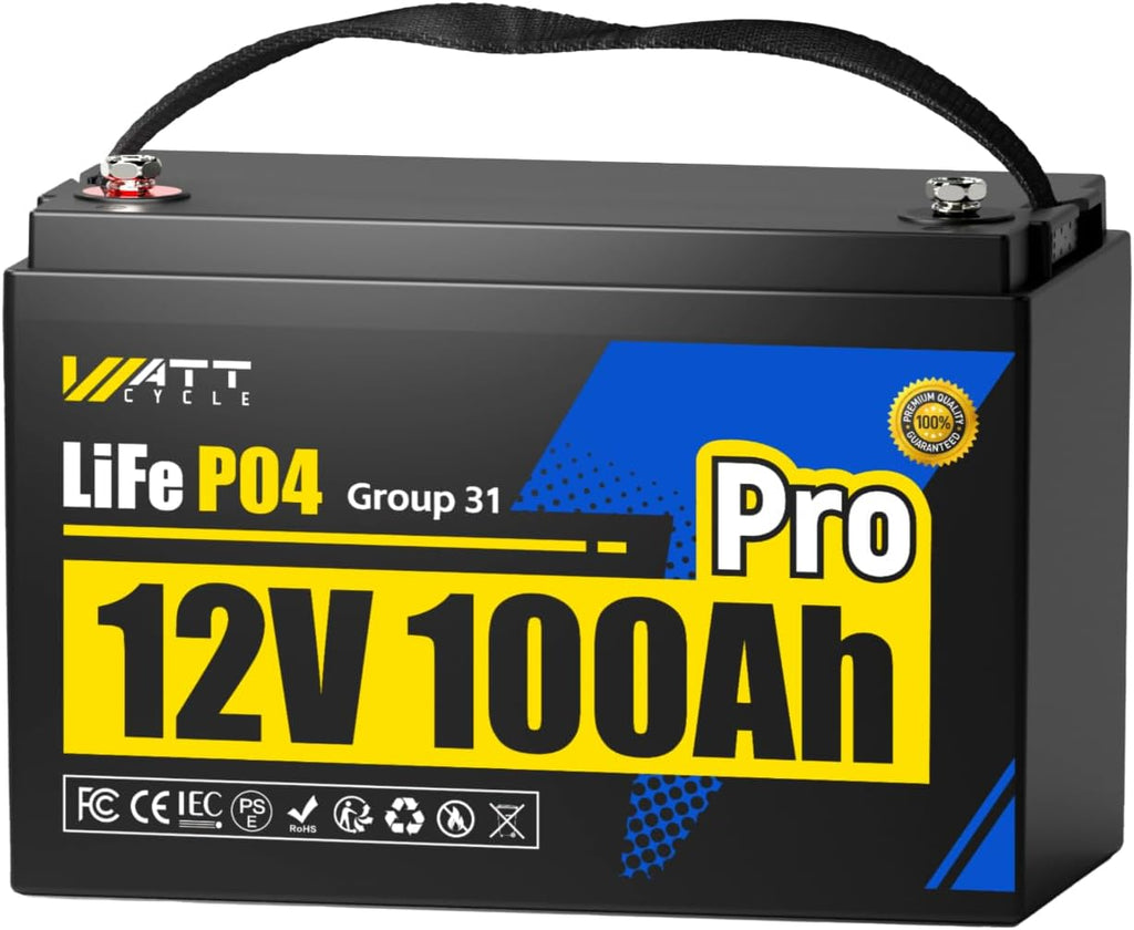 Wattcycle 12V 100Ah LiFePO4 Battery, Lithium Battery 12V 110A BMS, Lithium RV Batteries 15000+ Deep Cycles, Built-in Bluetooth, Monitor, Mobile APP, Perfect for Home Energy, RV, Marine, Solar