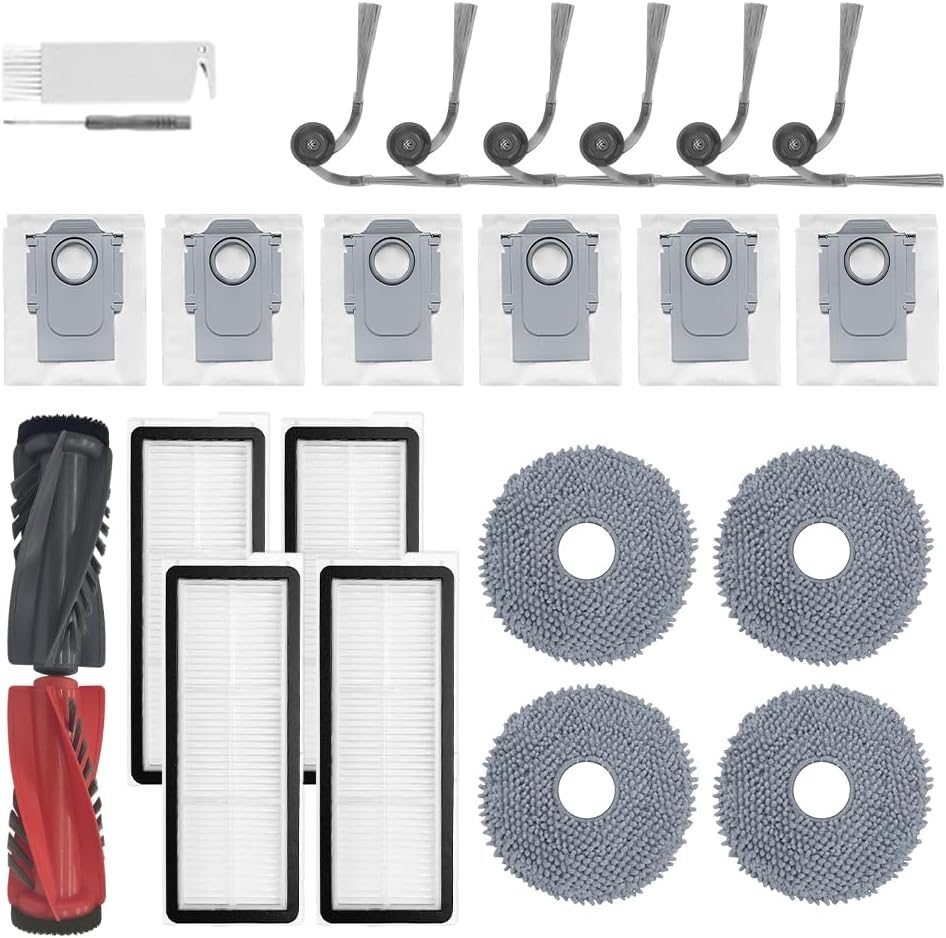 24Pcs Qrevo S5V Accessories Kit Replacement Compatible with Roborock Qrevo S5V/Curv/Edge Robot Vacuum, 1Pair Main Brush, 4 Mop Cloth Pads, 6 Side Brushes, 4 HEPA Filters,6 Dust Bag, 1 Cleaning Tool