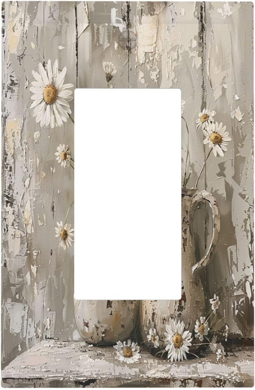 Decorative Outlet Covers Vintage Rustic Floral White Daisy Flower Oil Painting Style 1 Gang Single Rocker Light Switch Cover Plate Wall Plates GFCI Faceplate for Home Farmhouse Decor