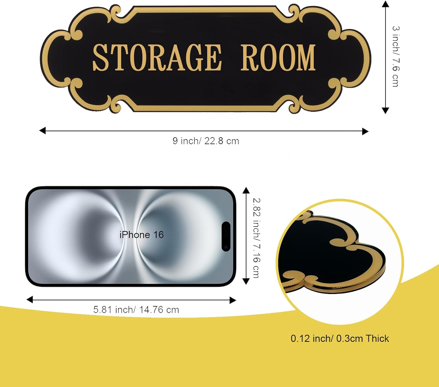 9x3 Inch Storage Room Sign Acrylic Self-adhesive Door Wall Signage for Home and Business (Black & Gold)