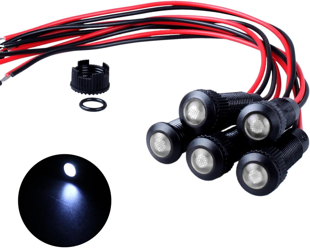 5pcs 8mm LED Indicator Light Plastic Black Signal Dot Lamp 12V-24V 5/16" Mounting Hole Size with 15cm/5.9in. Wire (White LED)