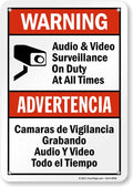 SmartSign 10 x 7 inch “Warning - Audio & Video Surveillance On Duty At All Times” Bilingual Sticker Label, 3 mil Laminated Adhesive Polyester, Red, Black and White, Made in USA