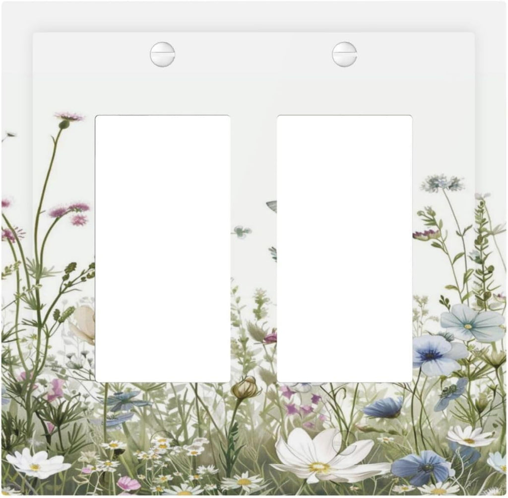 Colorful Wildflowers Daisy Plant Butterfly Floral Decorative Outlet Covers 2 Gang Double GFCI Rocker Electrical Wall Panels Light Switch Cover Plate for Bed Room Living Room Decor