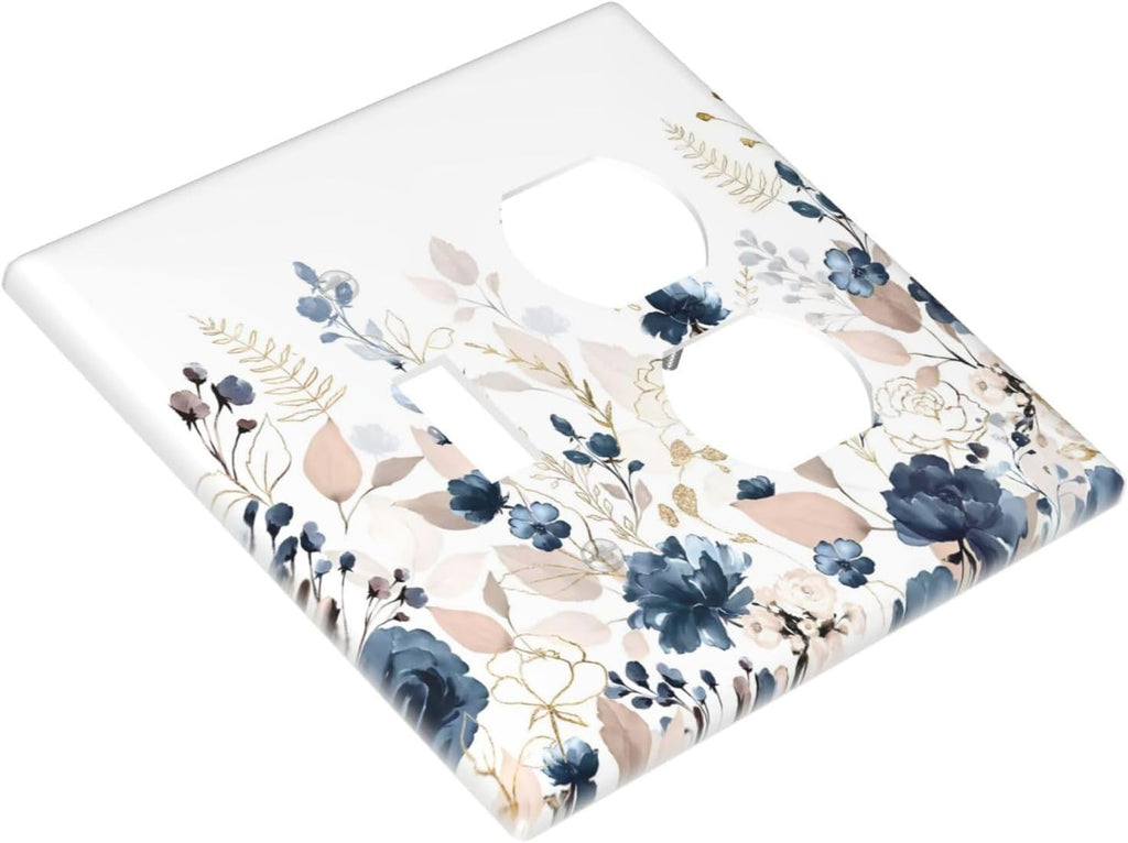 Blue Flora Boho Vintage Flower Golden Leaves Wallplates 1 Toggle 1 Duplex Switch Plate Electrical GFCI Faceplate Decorative Light Switch Covers for Bedroom Living Room Decor