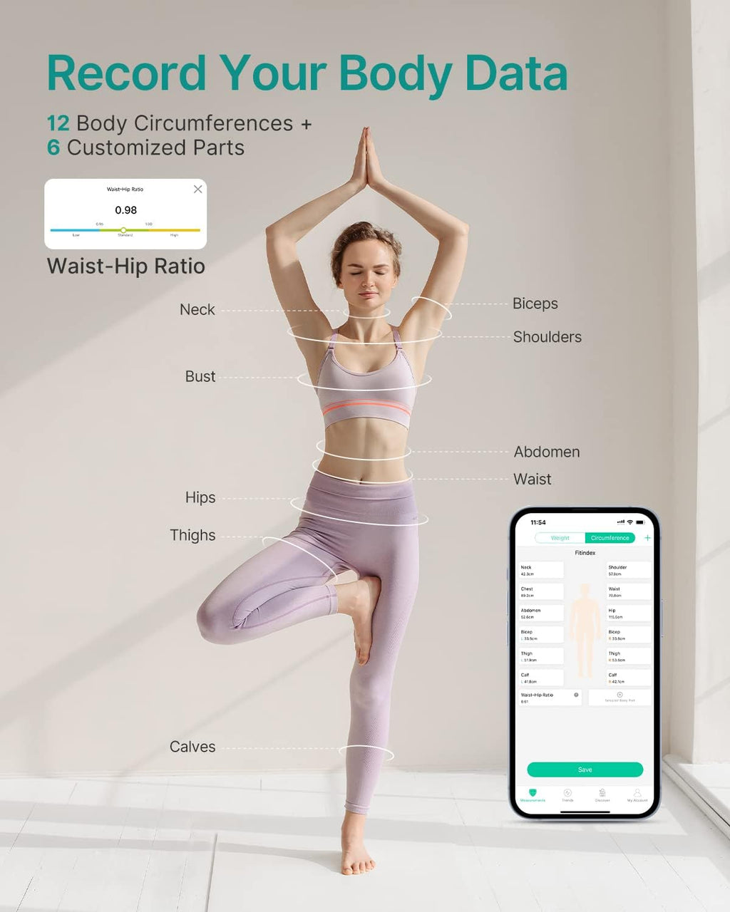 FITINDEX Smart Scale and Tape Measure, Digital Bathroom Scale & Body Tape Measure Sync with APP, Bluetooth Weighing Machine, Body Composition Analyzer, for Health Care