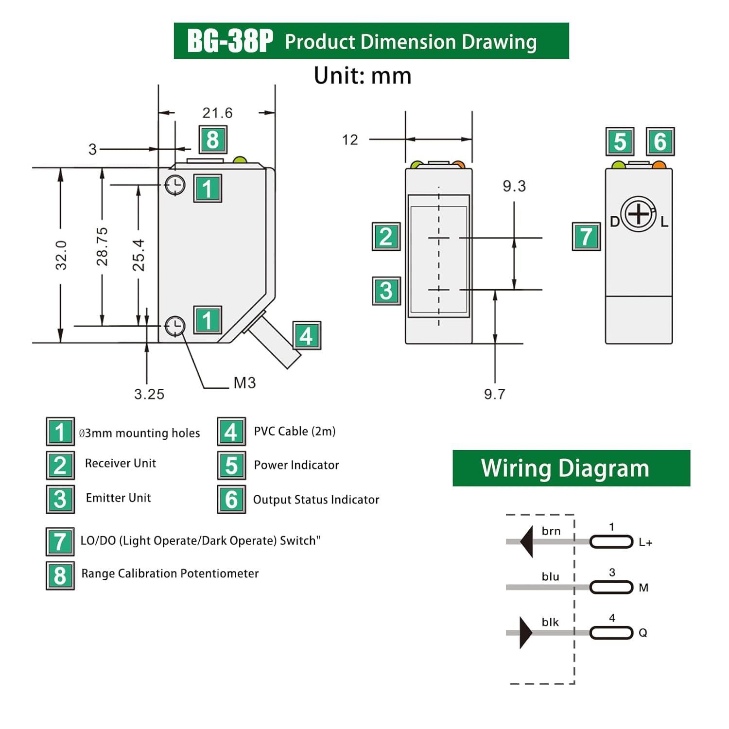 BG-38P Photoelectric Sensors,Background Suppression Diffuse Photoelectric Sensor,Sensing Distance 5-350mm,10–30VDC,PNP Output,Detection Distance Unaffected by Object Color