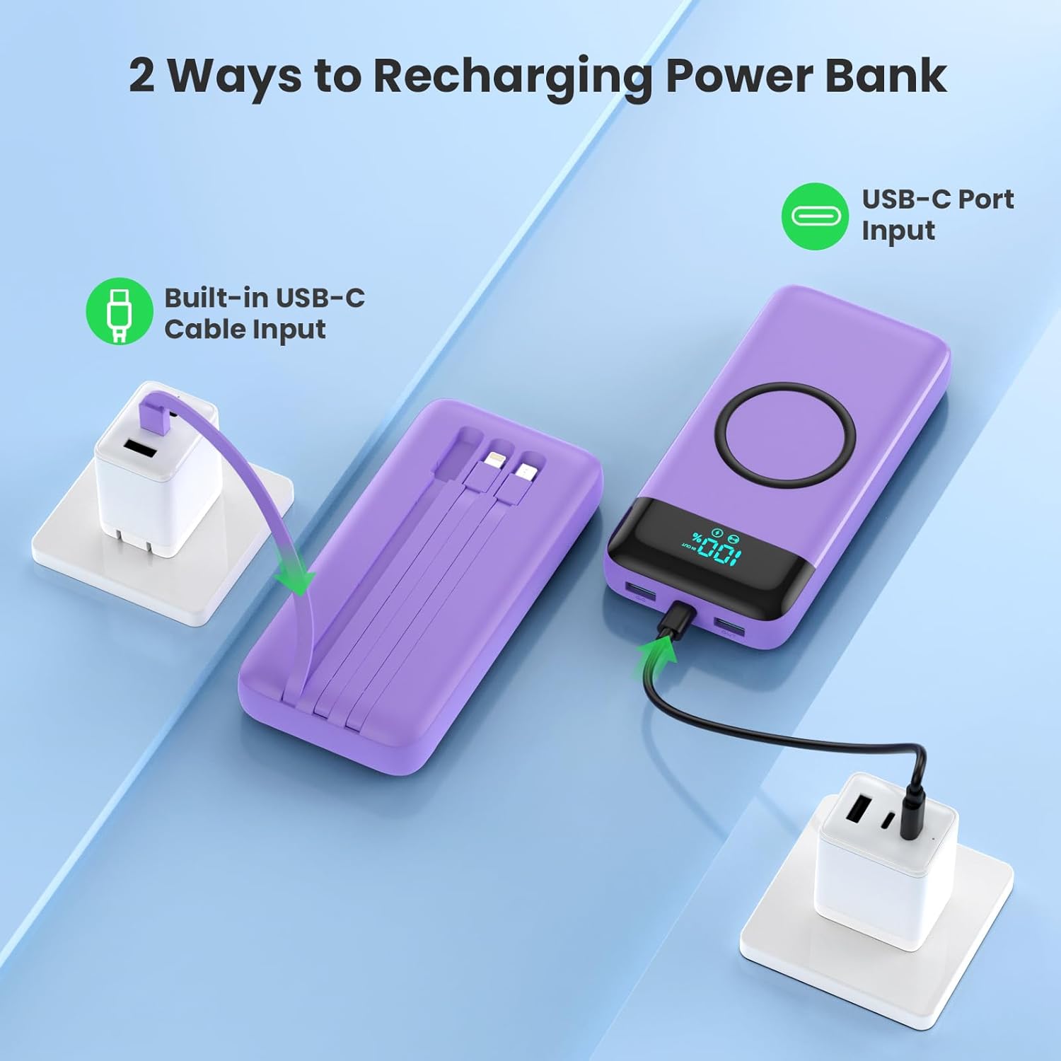 Wireless Portable Charger 40800mAh with 3 Built-in Cables,7-in-1 15W Wireless Charging Power Bank,25W PD QC 4.0 Fast Charging USB C LCD Display Battery Pack for iPhone 16/15/13,Samsung,Android-Purple
