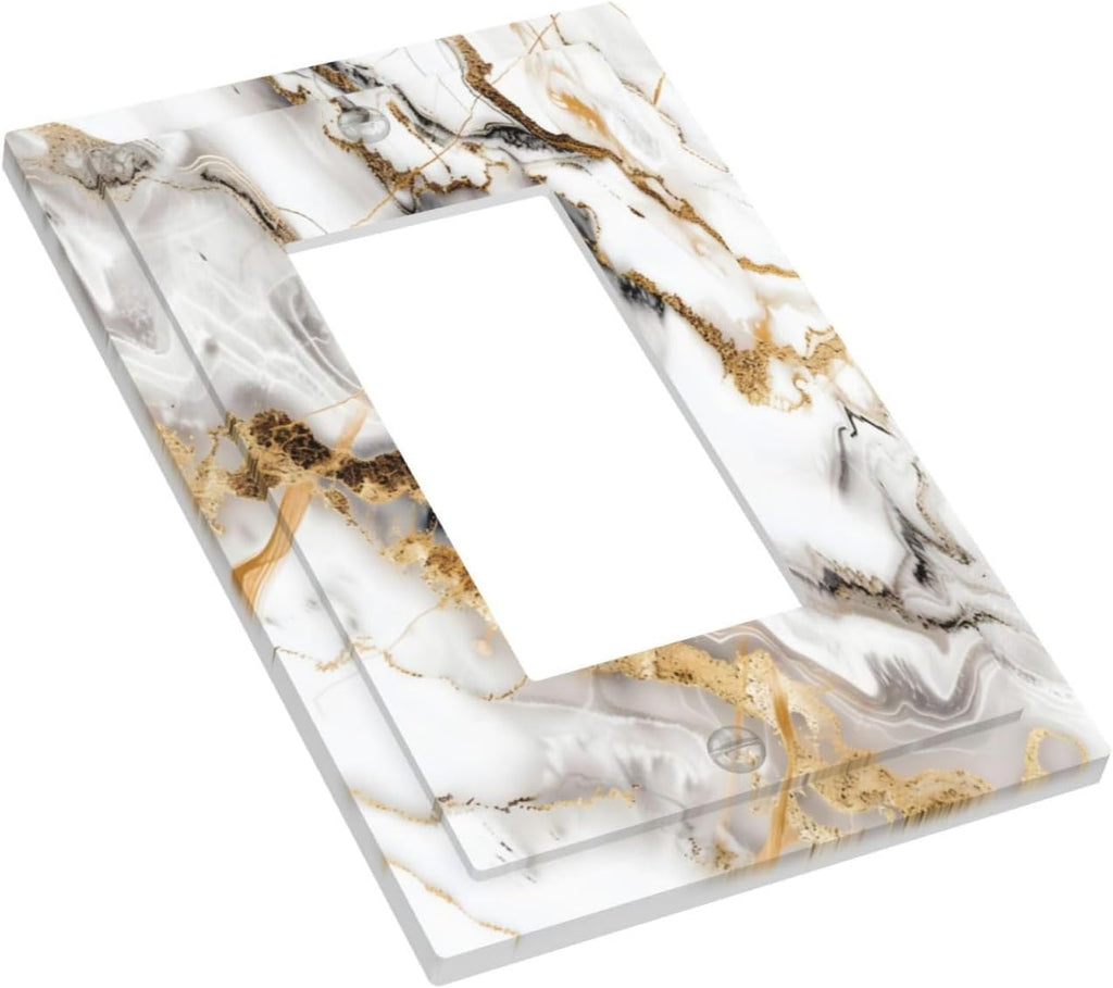 Luxurious Marble Abstract White Gold Tile Modern Simplicity Decorative Outlet Covers 1 Gang Single Rocker Light Switch Cover Plate Wall Plates GFCI Faceplate for Bathroom Kitchen Decor