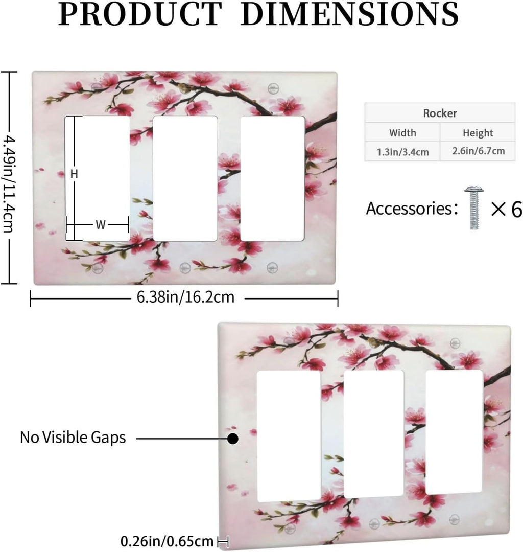 Branch with Pink Flowers 3 Gang Rocker Triple Outlet Wall Plate Decorative Switchplate Cover Faceplate GFCI Light Switch Covers for Farmhouse Living Decor