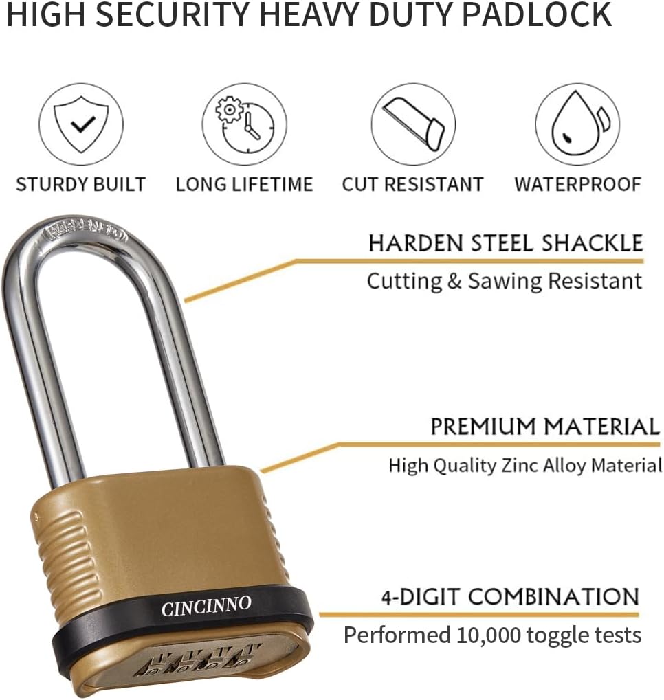 4 Digit Combination Lock, Heavy Duty Combo Padlock with Long Shackle for Outdoor Use,Sheds, Locker, Storage Unit, Gym and Gate