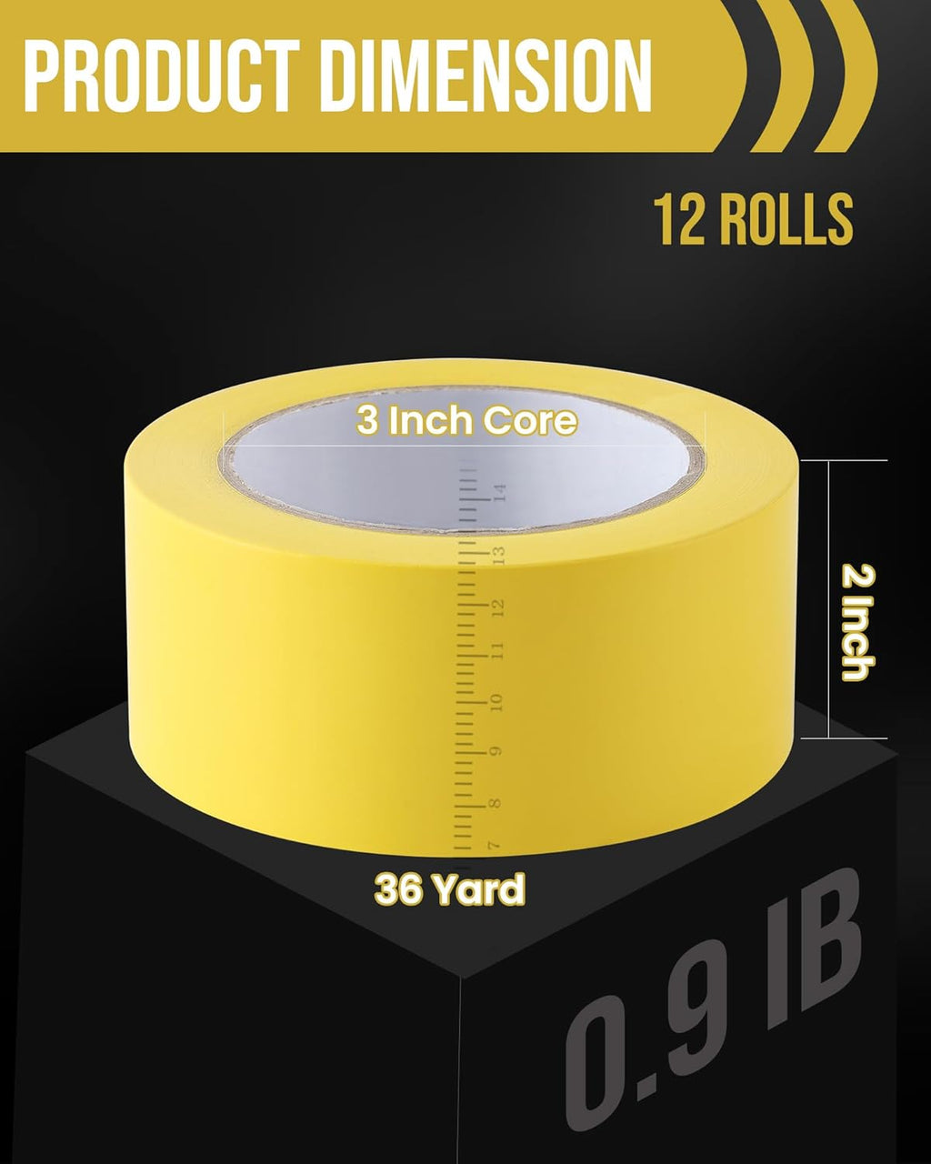 Lichamp 12 Rolls Vinyl Tape, Premium Safety Marking and Traffic Floor Marking Tape, Bundling, Social Distancing, 2 Inch x 36 Yards per Roll, 432 Total Yards, Yellow