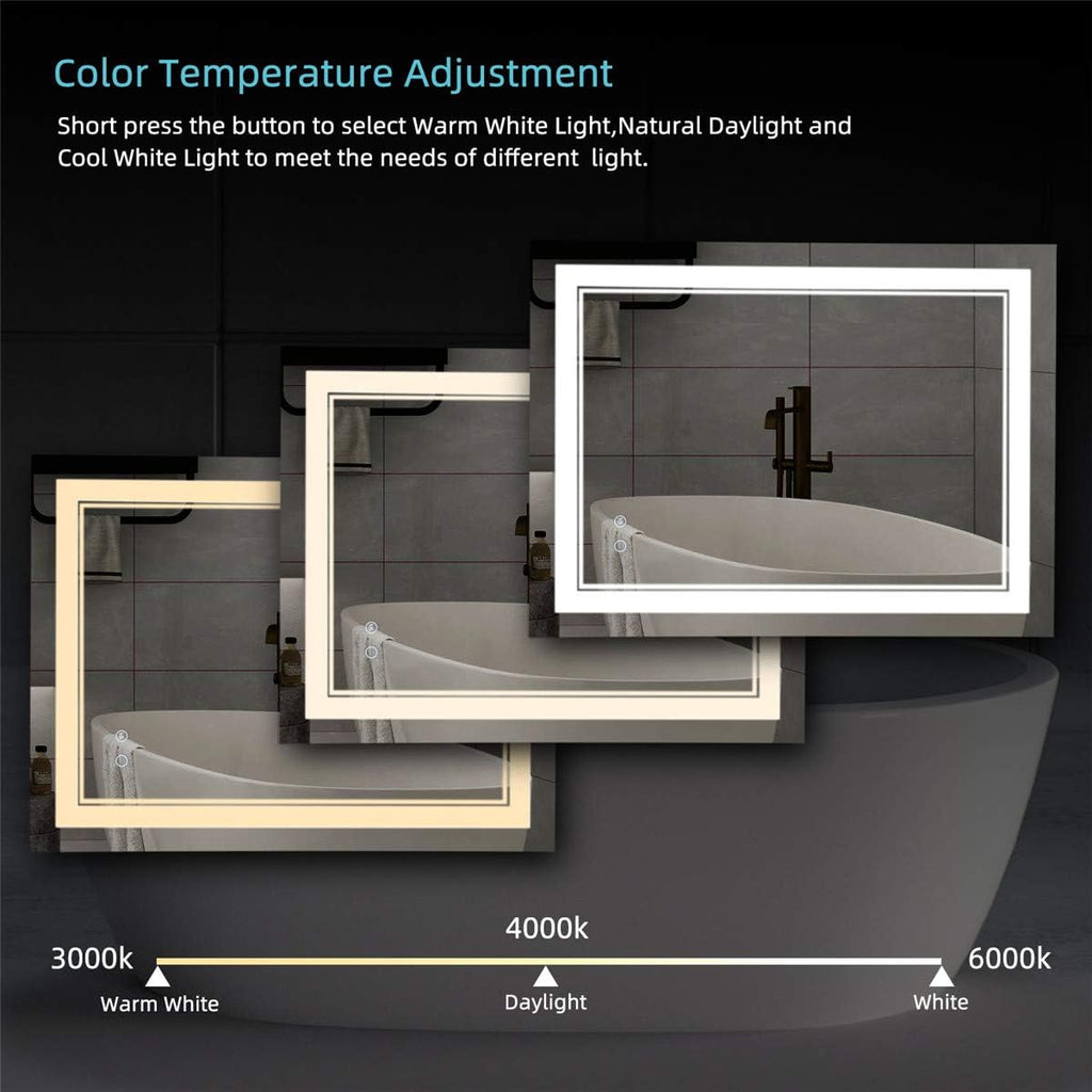 36" x 30" LED Bathroom Mirror Wall Mounted Anti-Fog Front Lighted Vanity Mirror Lighted Dimmable Led Makeup Mirror with Lights