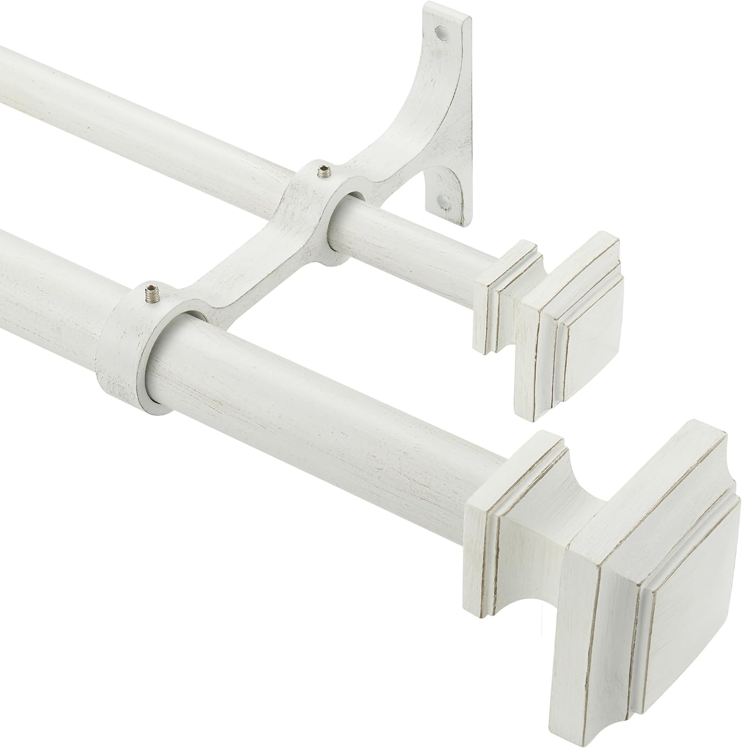 Double Wood Curtain Rods for Windows 72 to 144 Inches,1 Inch Decorative Wooden Curtain Rod with Square Imitation Wood Grain Finials and Double Aluminum Bouquet Bracket, Antique White