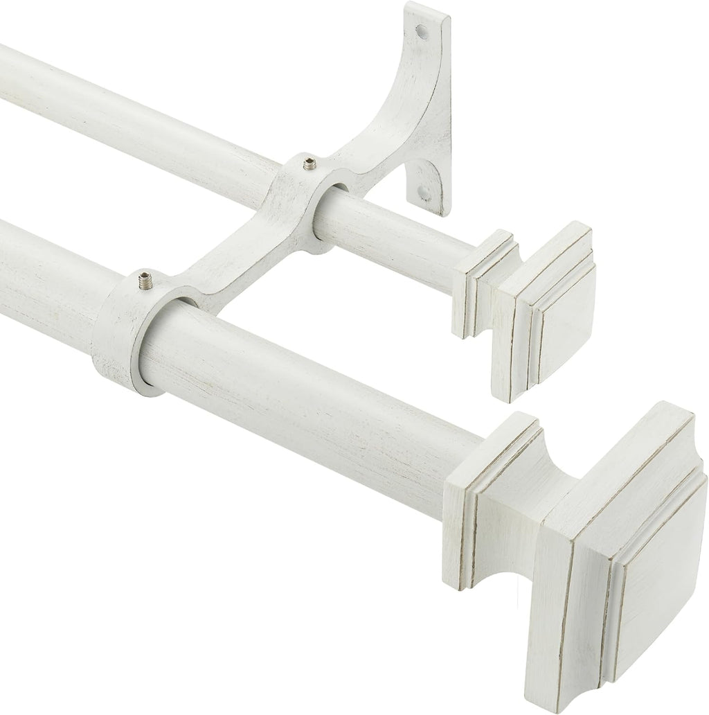 Double Wood Curtain Rods for Windows 36 to 72 Inches,1 Inch Decorative Wooden Curtain Rod with Square Imitation Wood Grain Finials and Double Aluminum Bouquet Bracket, Antique White