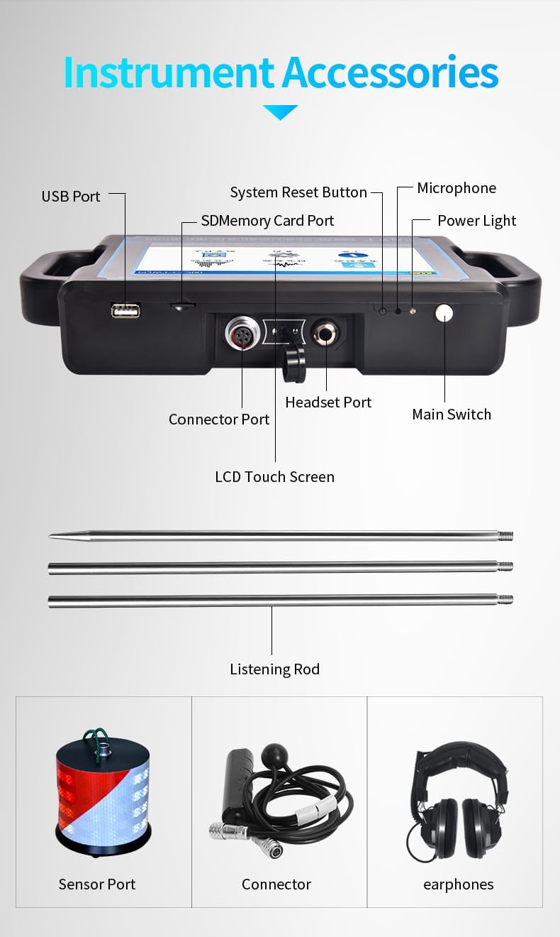 PQWT CL200 Water Leak Detectors for Home and Outside Wall Water Pipe Detector Acoustic Pipeline Leakage Detection Kit Professional Sensor Noise Reduce Headphone LCD Touchscreen Carry Case 2 Meters