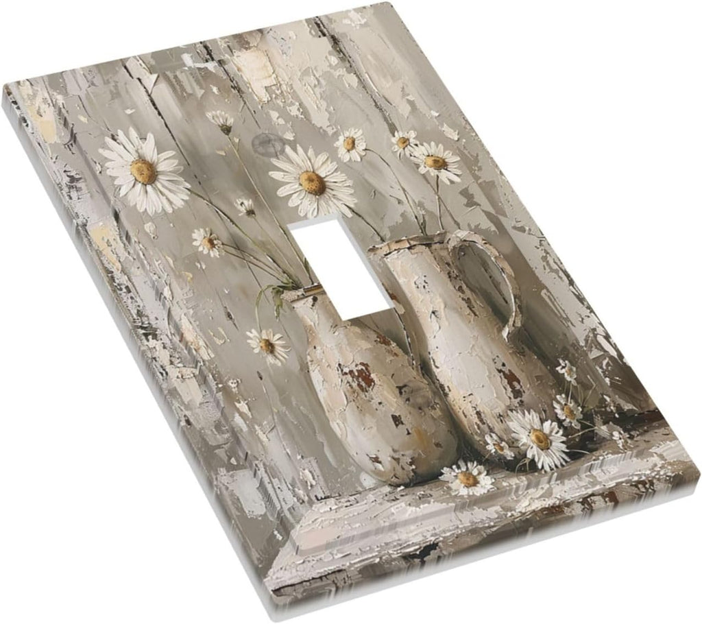 Decorative Light Switch Cover Vintage Rustic Floral White Daisy Flower Oil Painting Style 1 Gang Single Toggle Device Electrical Faceplate Switchplates Decorator Outlet Wall Plate for Home