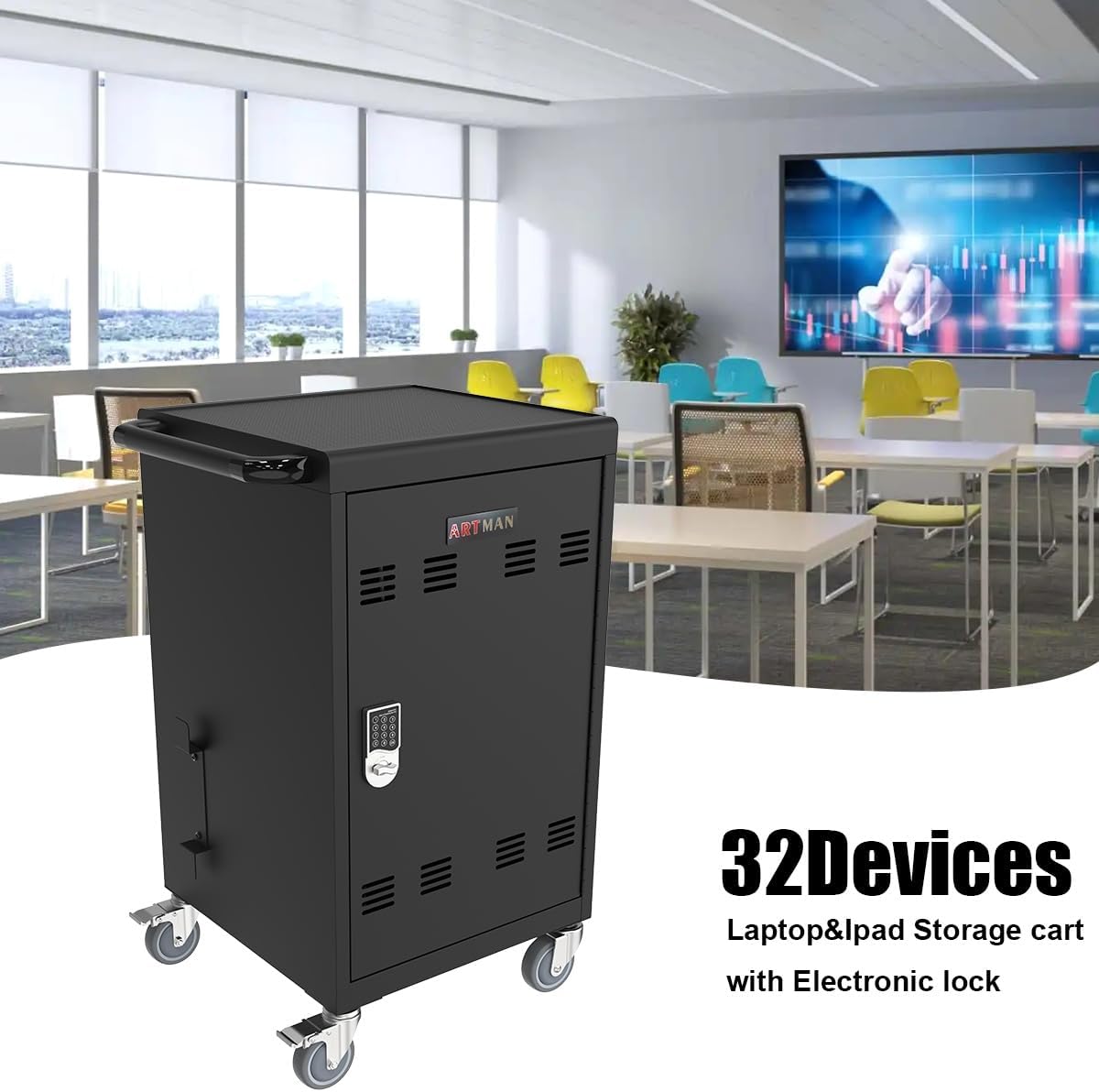 Laptop Charging Cart, 30 Laptop Storage Cart, Electronic Combination Lock,Mobile Charging Cabinet for iPads up to 16.3", Chromebook Devices, Cord Management.School,Business.Black