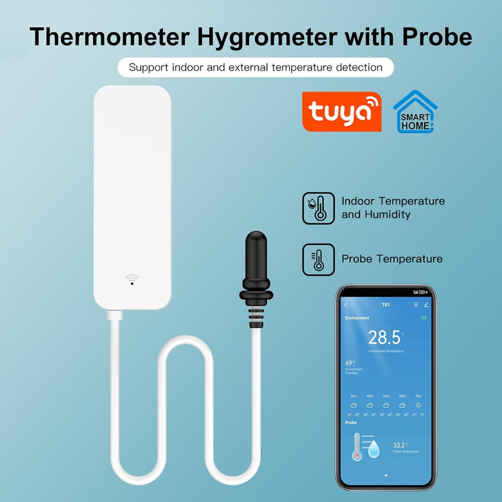 Smart Thermometer Hygrometer: WiFi Temperature Sensor with External Probe, Weather Function Thermometer Humidity Meter for Freezer, Aquarium, App Alert, Compatible with Alexa (Dual Detection 1PCS)