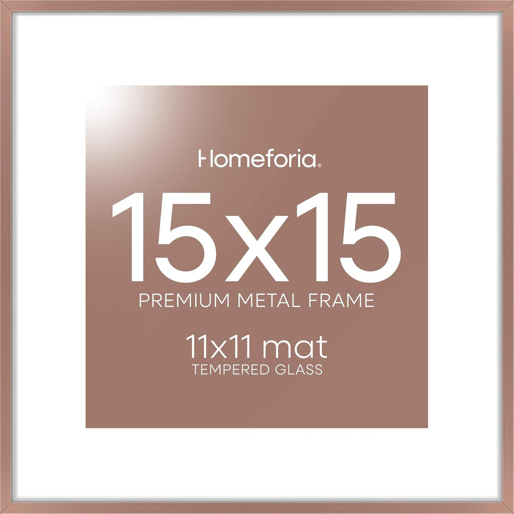 Homeforia 15x15 Picture Frame Mocha, High End Metal 15 x 15 Square Poster Frames with Mat 11 x 11 Photo, 15x15 Mocha Frame Matted to 11x11 Print, 15by15 Thin Frames, Tempered Glass, Wall Kit, Set of 1
