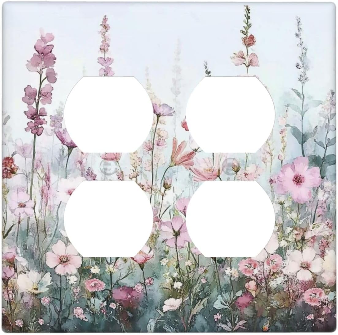 Pink Floral Watercolor Botanical Wildflowers Outlet Covers 2 Gang Double Duplex Decorative Light Switch Covers Electrical Wallplates Socket Faceplate For Bed Room Living Room Decor